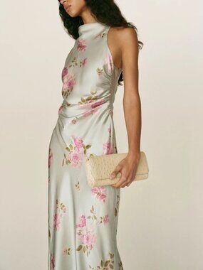 NEW Reformation Anaiis Long Silk Backless Dress Windswept Blue Floral US 0 UK 4